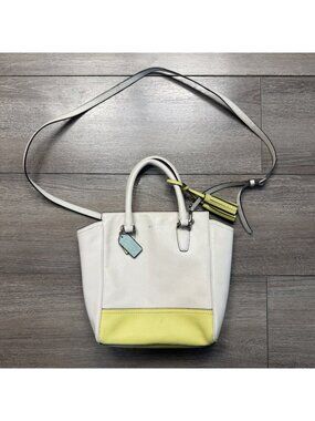 Coach Crosby Carryall Leather Satchel Handbag Colorblock White Lime Blue Medium